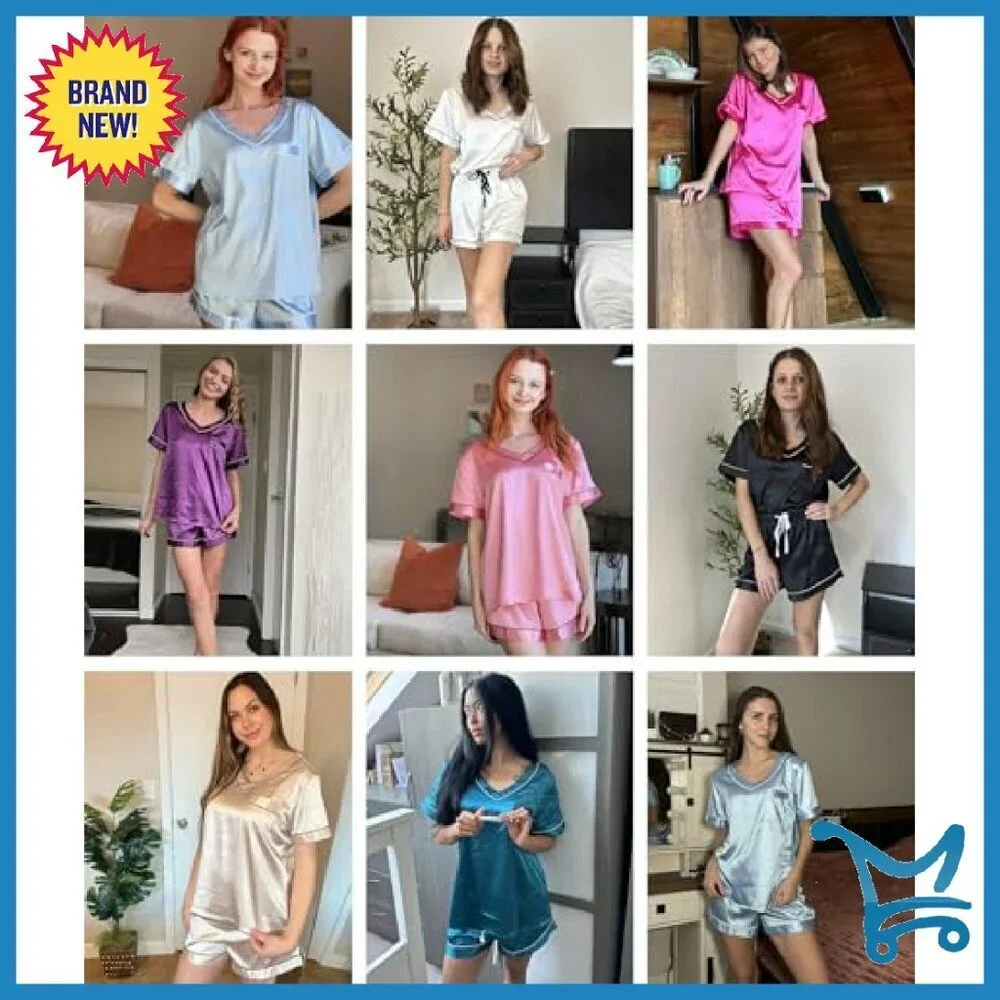 Silk Satin Pajama Set V-Neck Shorts Lounge Sleepwear S-XXL